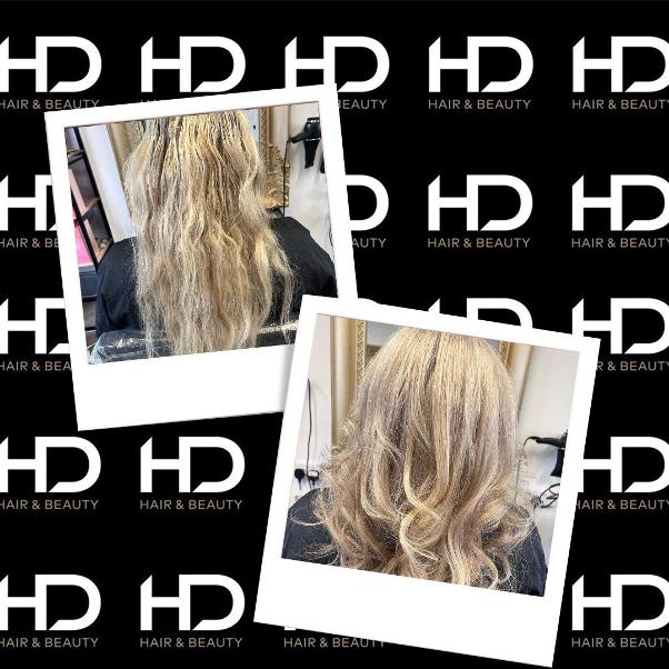 full head of multicoloured foils giving a natural blonde to long hair