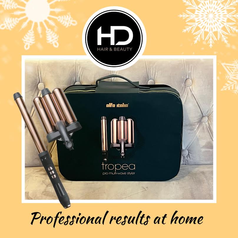Alfha Italia Styling tools on a gold background text saying Professional results at home and HD Hair and Beauty Logo in the top center