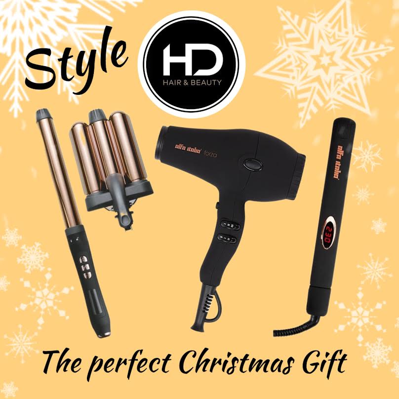 Alfha Italia styling tools from HD Hair and Beauty in Cannock gold background snowflakes in white text saying the perfect Christmas gift