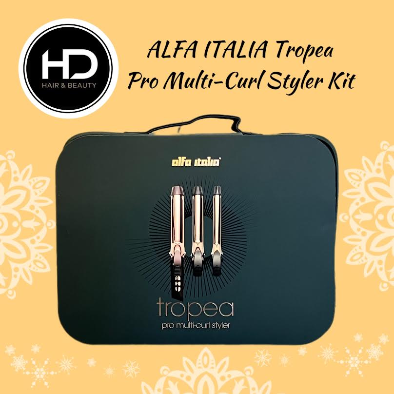 Alfha Italia Tropea pro multi curl styler hair tool in a black case on a yellow background form HD Hair and Beauty Salon in Cannock