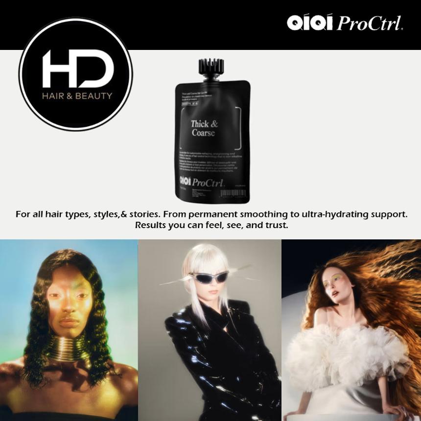 QIQI products at hd hair and beauty shows logos and a black sachet of qiqi product for balck and curly hair underneath are photographs of models showing curly and straight hair styles