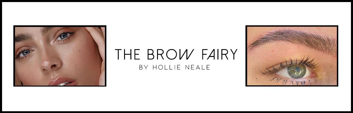The brow fairy logo on a white background cenral between photographs of eyebrows shaped on models