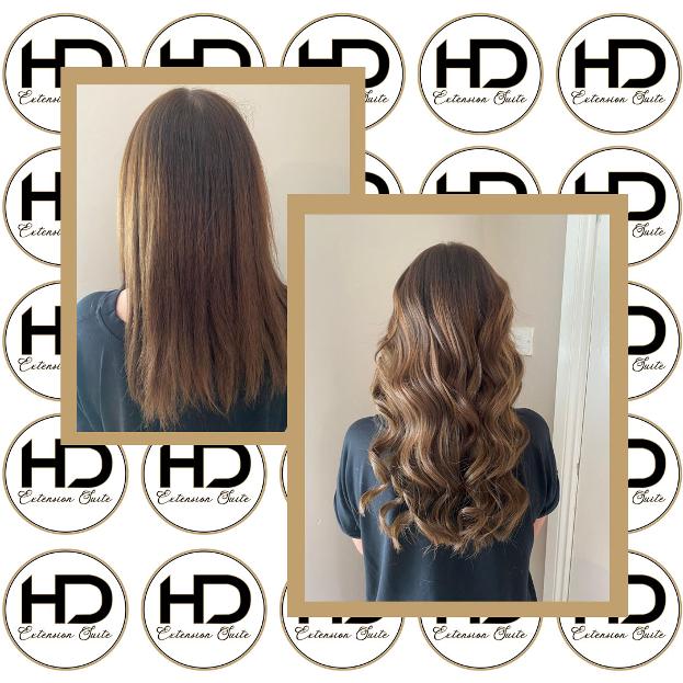 hair extensions at hd hair and beauty in cannock mid length brown hair in picture one transformed into long brown curly hair in the second picture
